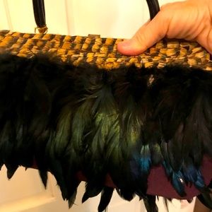 Designer feather handbag, black rooster feathers and pheasant striped trim